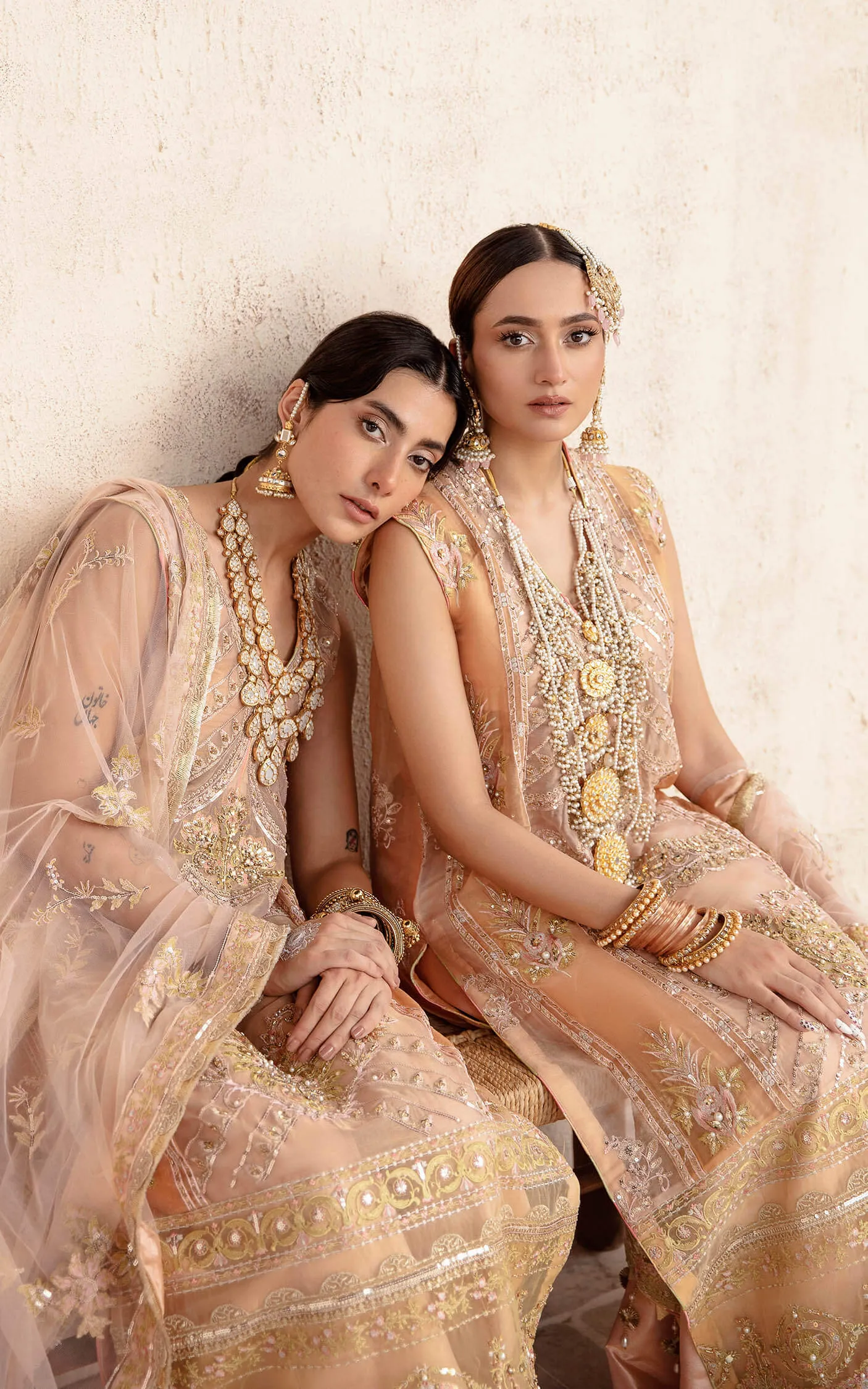 Peach Hand Embellished Pakistani Party Dress in Kameez Gharara Style