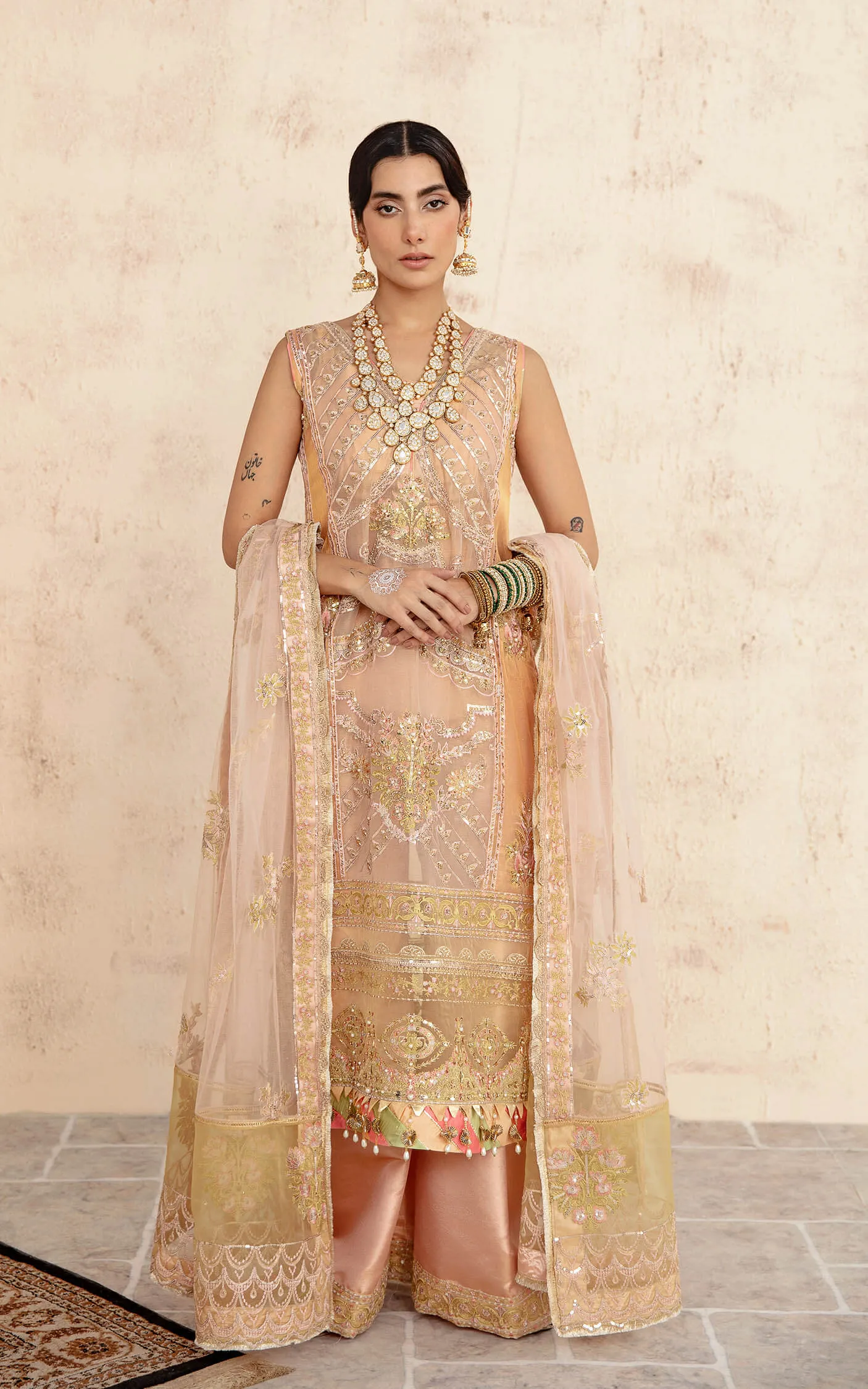Peach Hand Embellished Pakistani Party Dress in Kameez Gharara Style