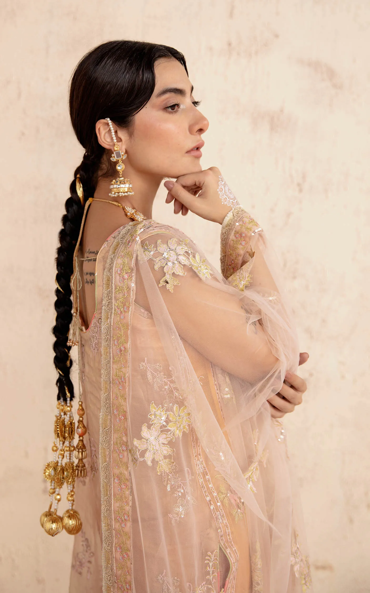 Peach Hand Embellished Pakistani Party Dress in Kameez Gharara Style