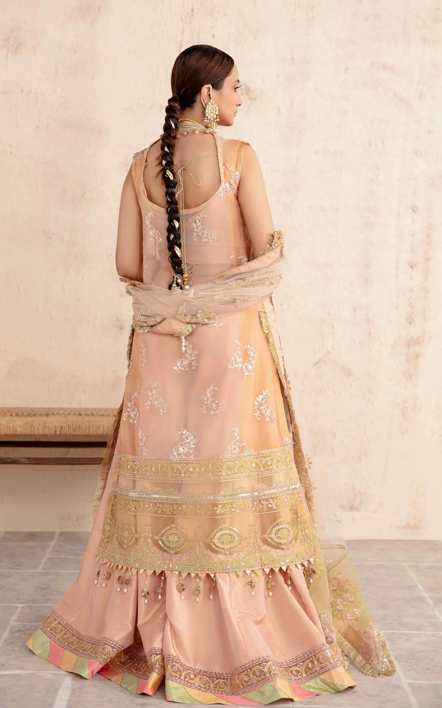 Peach Hand Embellished Pakistani Party Dress in Kameez Gharara Style