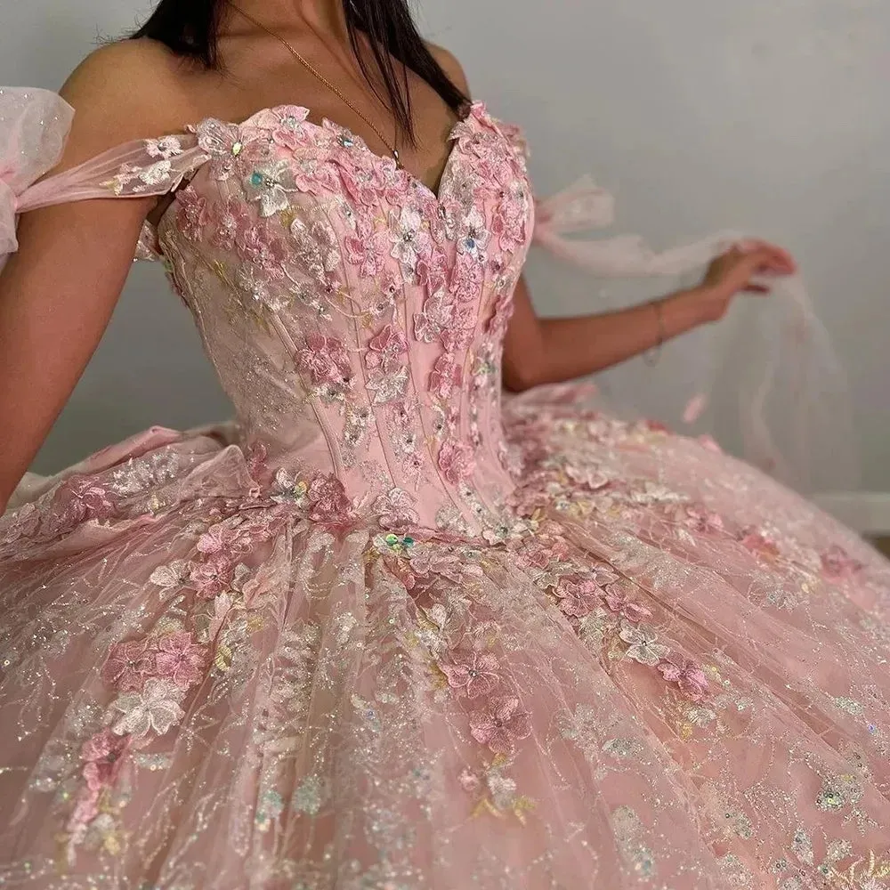 Pink Crystal Sequined Appliques Lace Ball Gown Quinceanera Dresses Off The Shoulder Bow Ribbons Corset Vestidos De 15 Anos