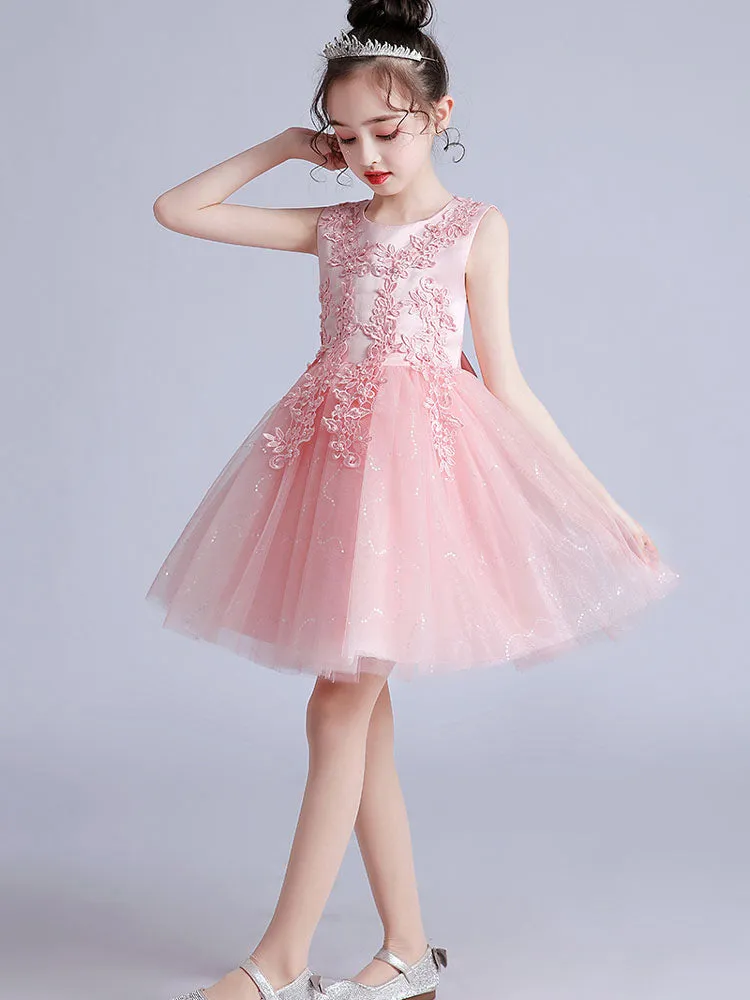 Pink Jewel Neck Short Sleeves Embroidered Formal Kids Pageant flower girl dresses
