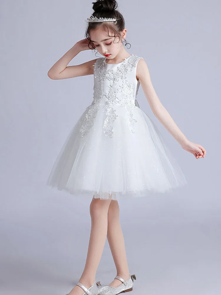 Pink Jewel Neck Short Sleeves Embroidered Formal Kids Pageant flower girl dresses