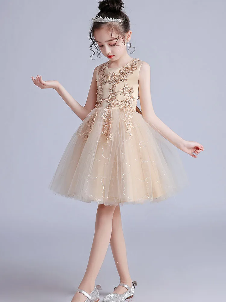 Pink Jewel Neck Short Sleeves Embroidered Formal Kids Pageant flower girl dresses