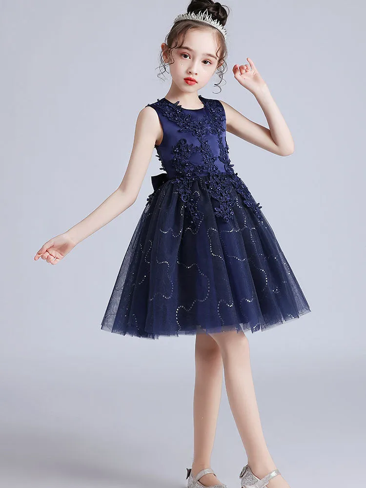 Pink Jewel Neck Short Sleeves Embroidered Formal Kids Pageant flower girl dresses