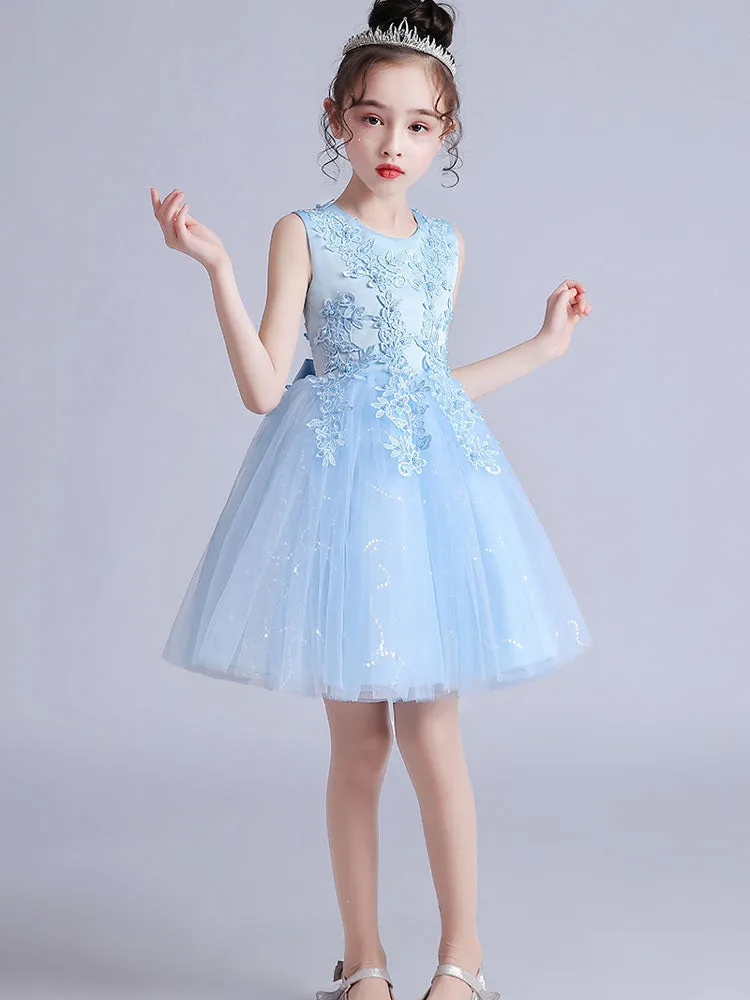 Pink Jewel Neck Short Sleeves Embroidered Formal Kids Pageant flower girl dresses