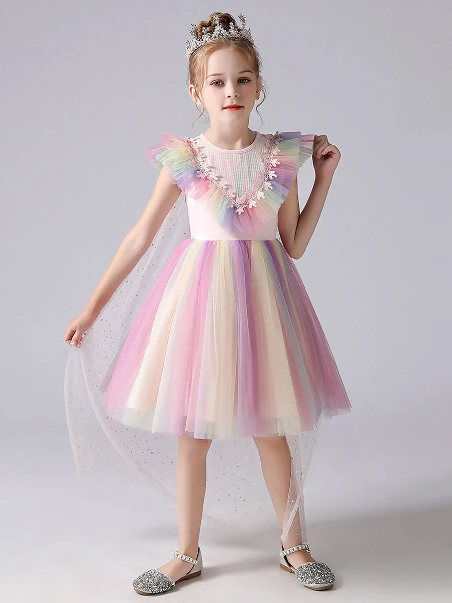 Pink Jewel Neck Short Sleeves Kids Social Party Dresses Princess Dress