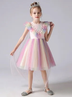 Pink Jewel Neck Short Sleeves Kids Social Party Dresses Princess Dress