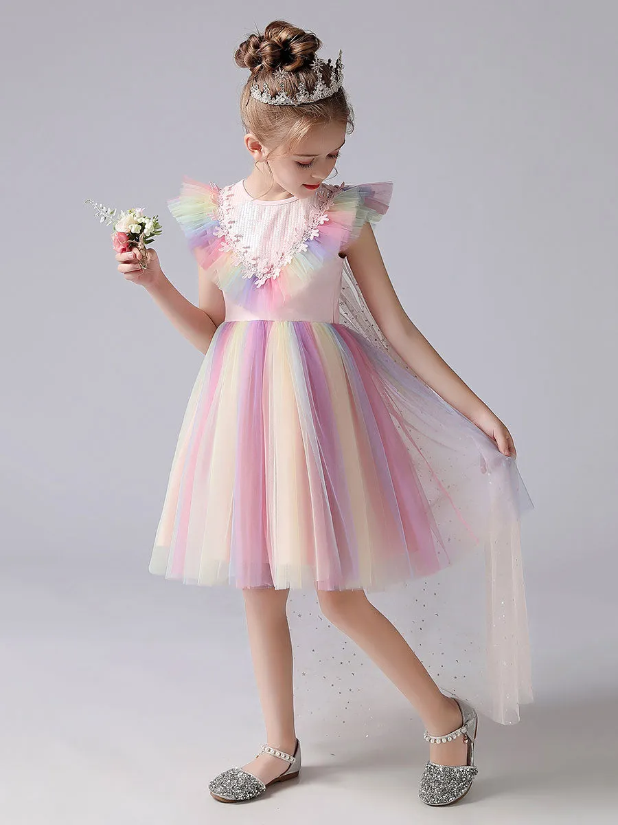 Pink Jewel Neck Short Sleeves Kids Social Party Dresses Princess Dress