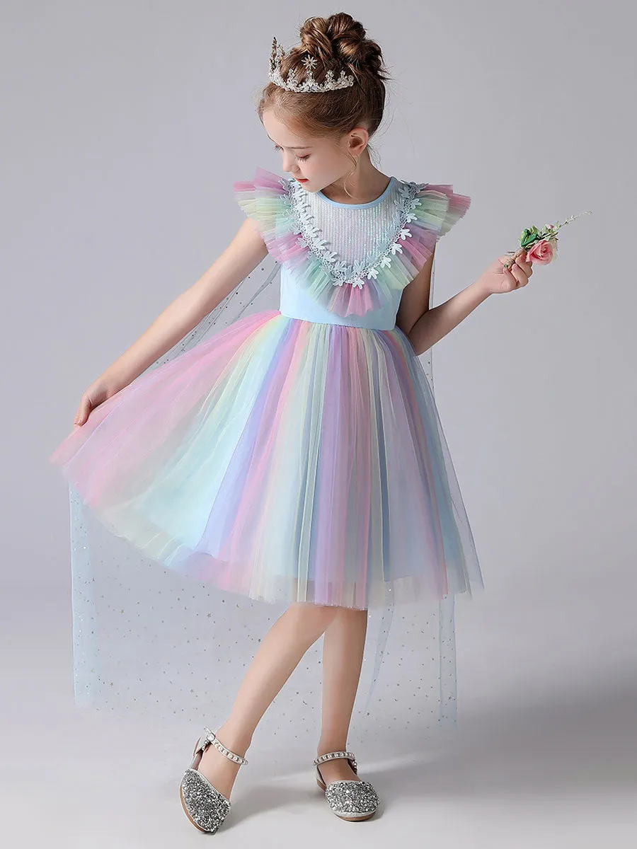 Pink Jewel Neck Short Sleeves Kids Social Party Dresses Princess Dress