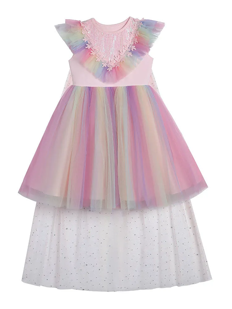 Pink Jewel Neck Short Sleeves Kids Social Party Dresses Princess Dress