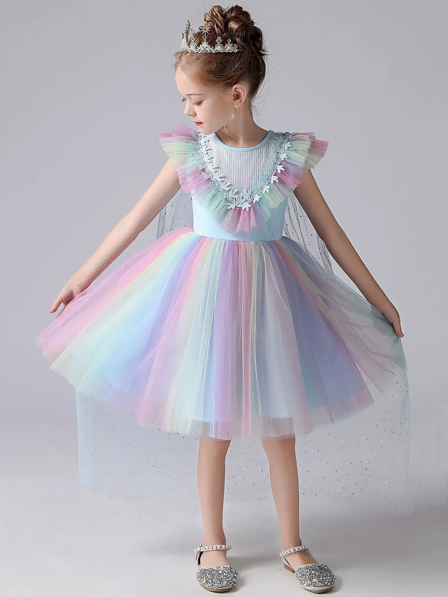 Pink Jewel Neck Short Sleeves Kids Social Party Dresses Princess Dress