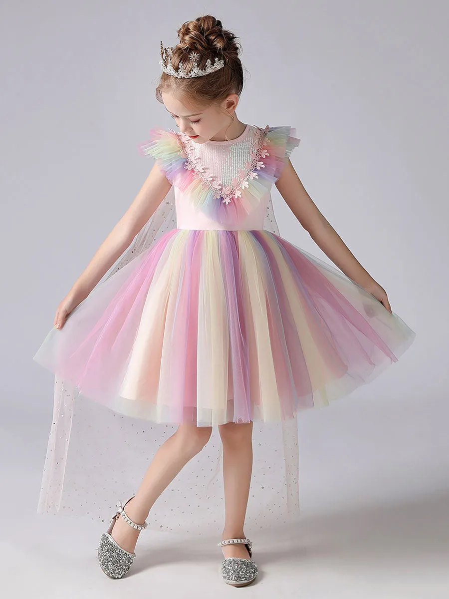 Pink Jewel Neck Short Sleeves Kids Social Party Dresses Princess Dress