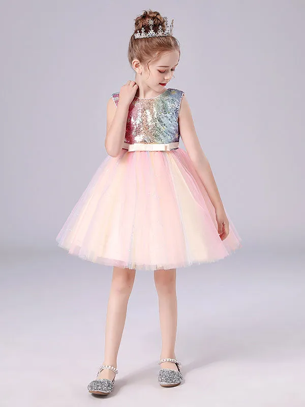 Pink Jewel Neck Sleeveless Bows Kids Social Party Dresses Sequined Tulle Short Dress
