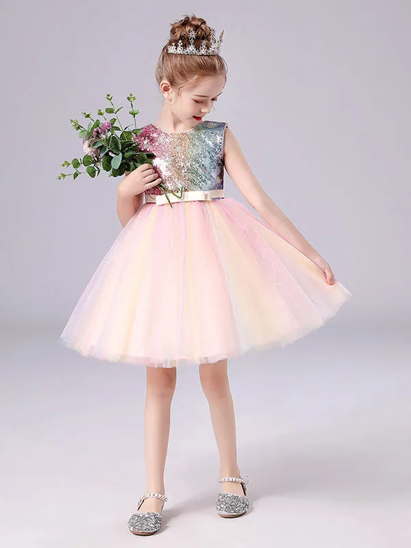 Pink Jewel Neck Sleeveless Bows Kids Social Party Dresses Sequined Tulle Short Dress