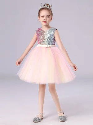 Pink Jewel Neck Sleeveless Bows Kids Social Party Dresses Sequined Tulle Short Dress
