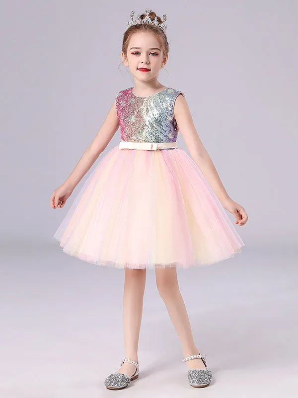 Pink Jewel Neck Sleeveless Bows Kids Social Party Dresses Sequined Tulle Short Dress