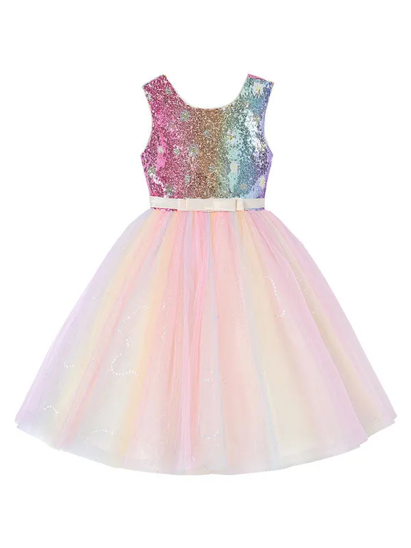 Pink Jewel Neck Sleeveless Bows Kids Social Party Dresses Sequined Tulle Short Dress