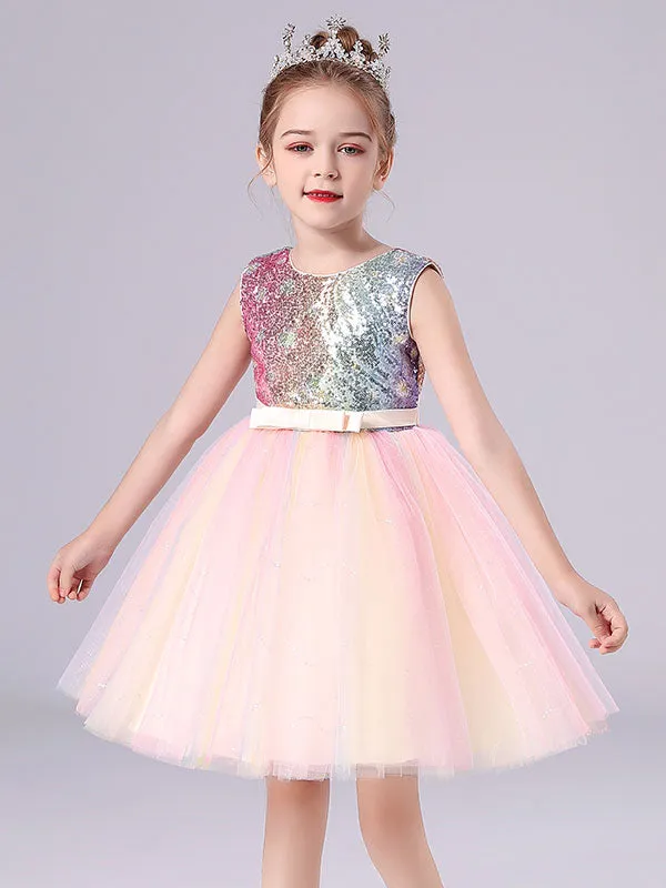 Pink Jewel Neck Sleeveless Bows Kids Social Party Dresses Sequined Tulle Short Dress
