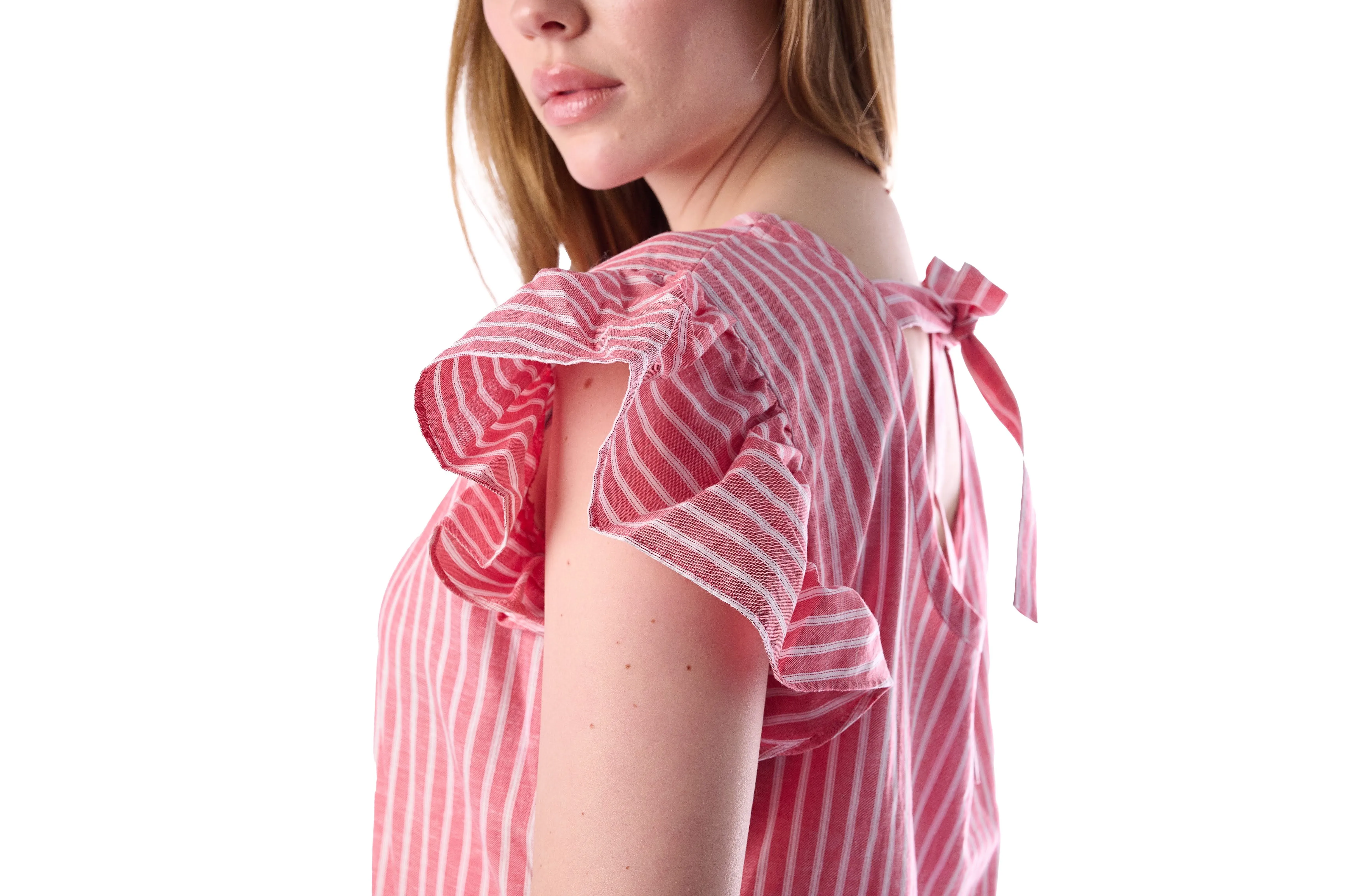 Pink Striped Mini Dress with  Ruffle Sleeves