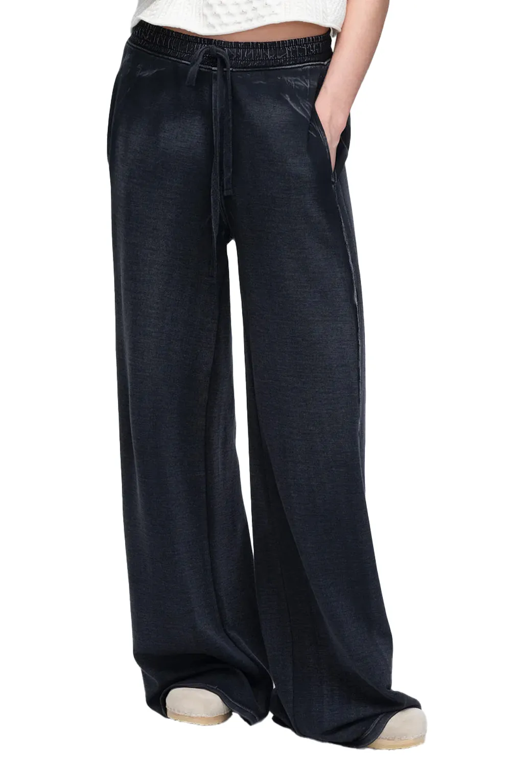 Pique Mixed Media Wide Leg Pants in Black