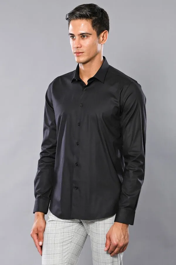Plain Slim Fit Black Men Shirt - Wessi