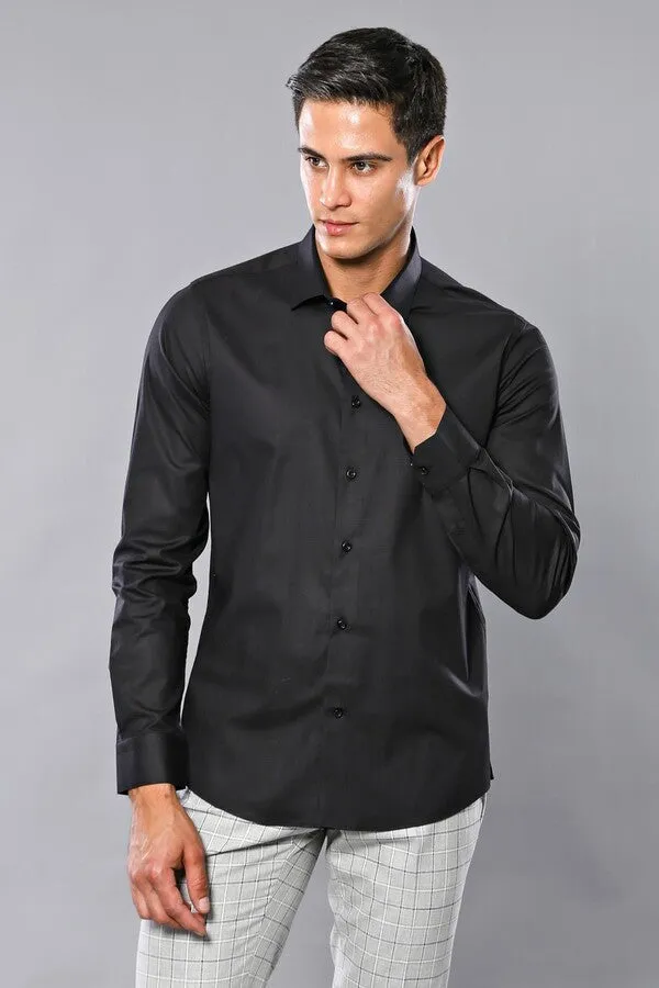 Plain Slim Fit Black Men Shirt - Wessi
