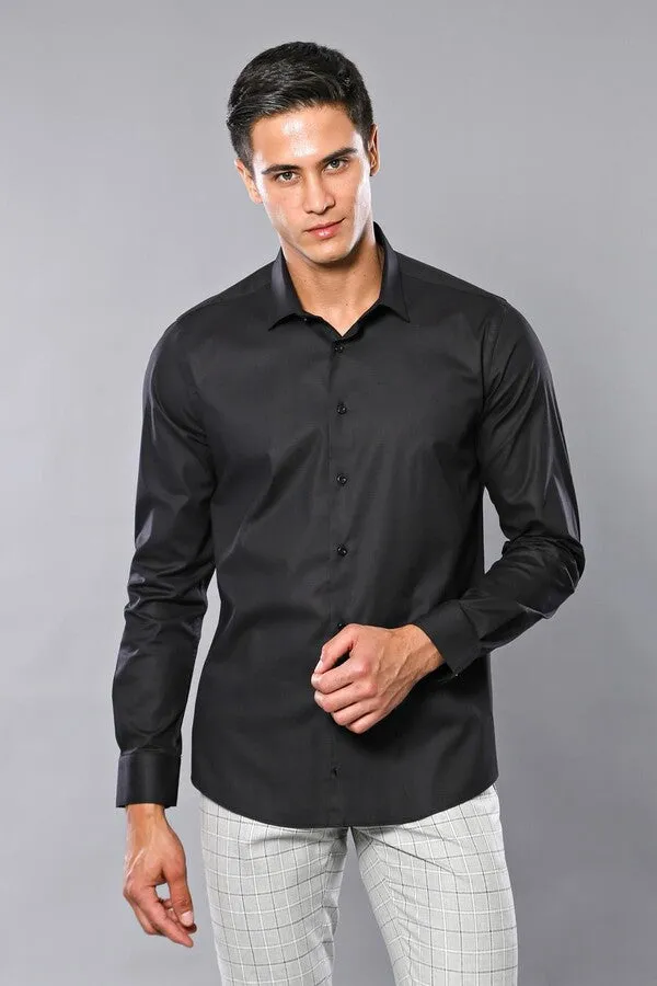 Plain Slim Fit Black Men Shirt - Wessi