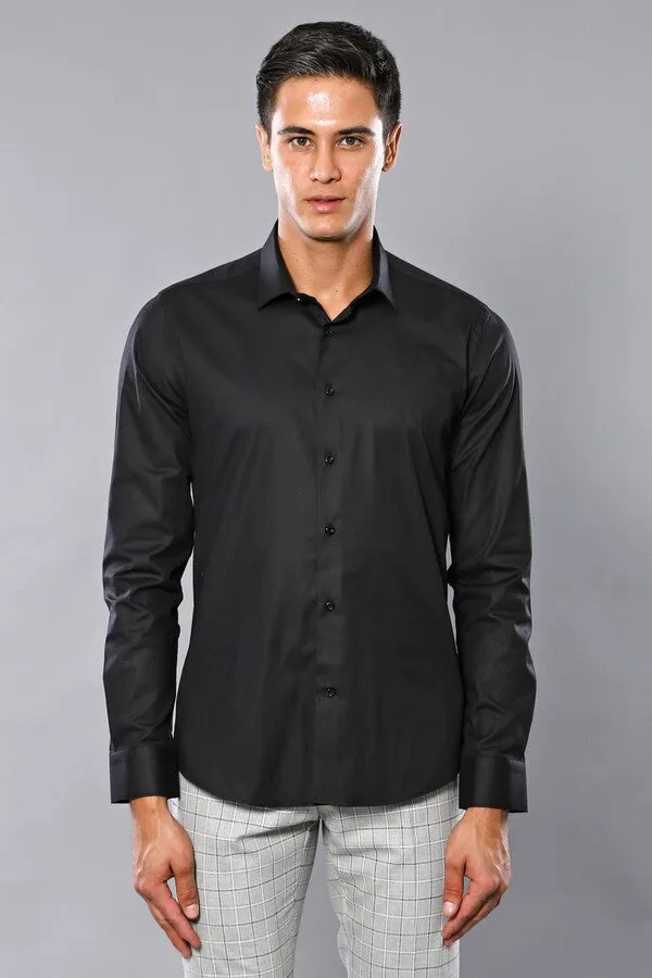 Plain Slim Fit Black Men Shirt - Wessi