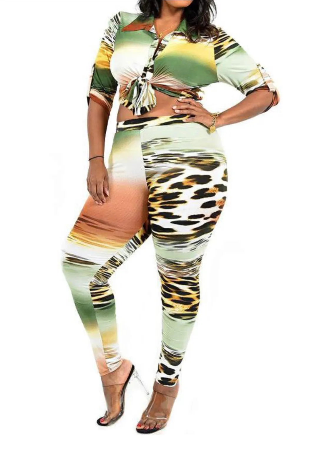 Plus Sizes ‼️Welcome to the Jungle 🔥Print Button Up Top & Leggings Set