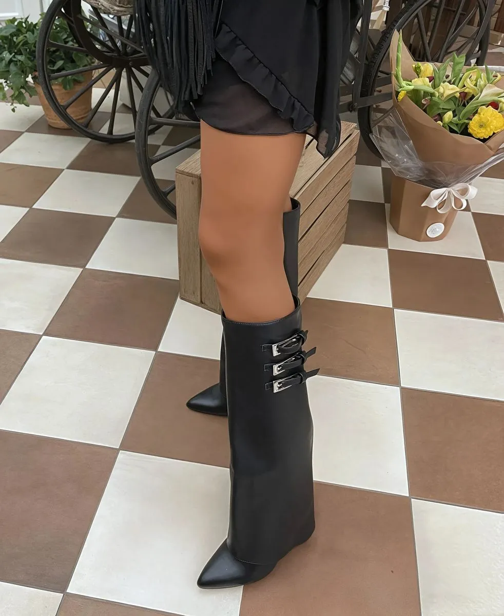 Pointed Toe Fold-Over Knee High Boots