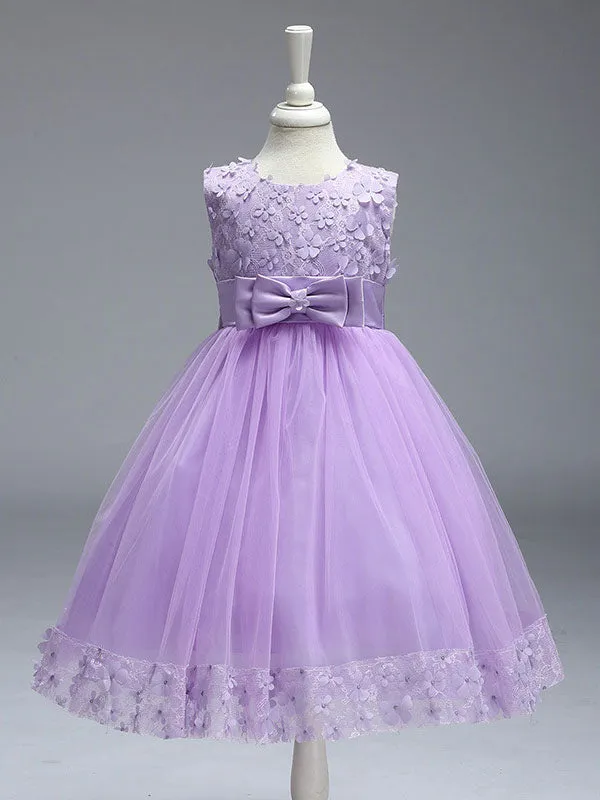 Princess Lilac Purple Lace Tulle Ribbon Bows Kids Tutu Party Dress