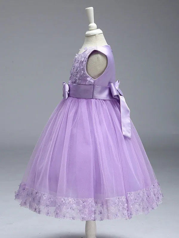 Princess Lilac Purple Lace Tulle Ribbon Bows Kids Tutu Party Dress