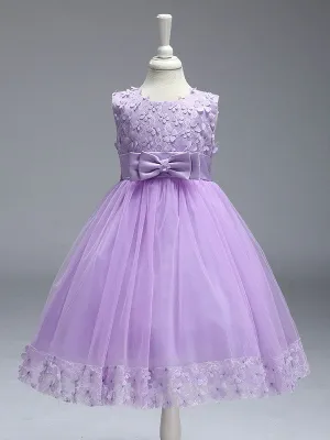 Princess Lilac Purple Lace Tulle Ribbon Bows Kids Tutu Party Dress