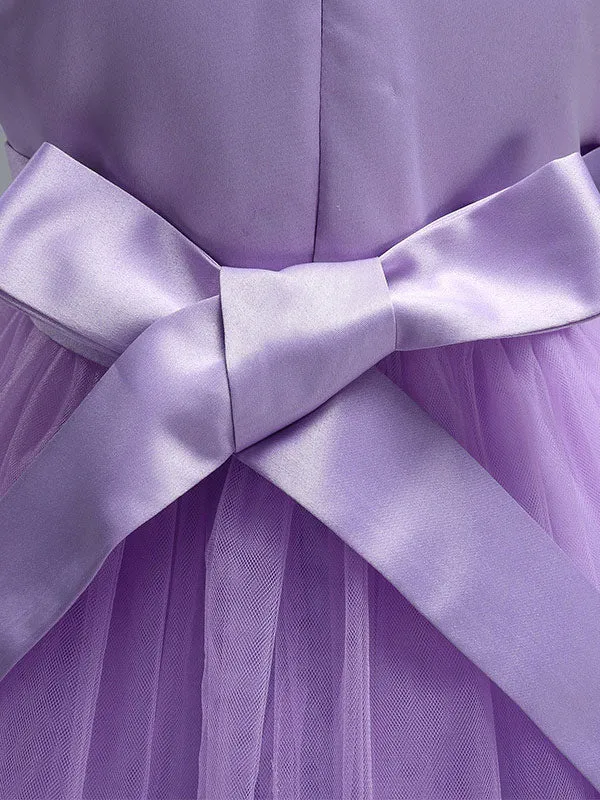 Princess Lilac Purple Lace Tulle Ribbon Bows Kids Tutu Party Dress
