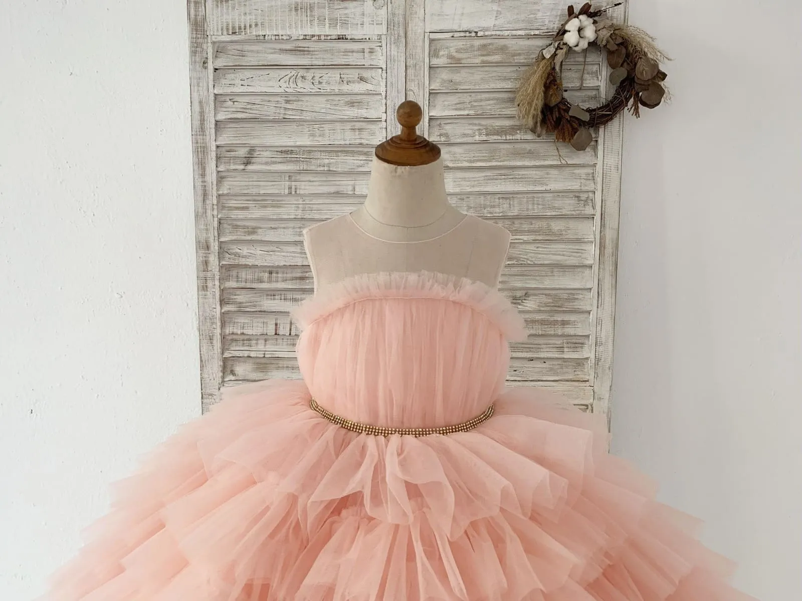 Princess Peach Cupcake Tulle Wedding Flower Girl Dress Kids Party Dress