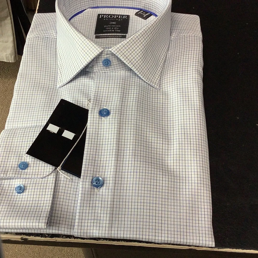 Proper Blue Black Check Long Sleeve Dress Shirt Contemporary Fit