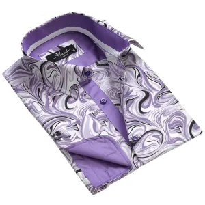 Purple White Swirls Mens Slim Fit French Cuff Shirts with Cufflink Holes - Casual and Formal