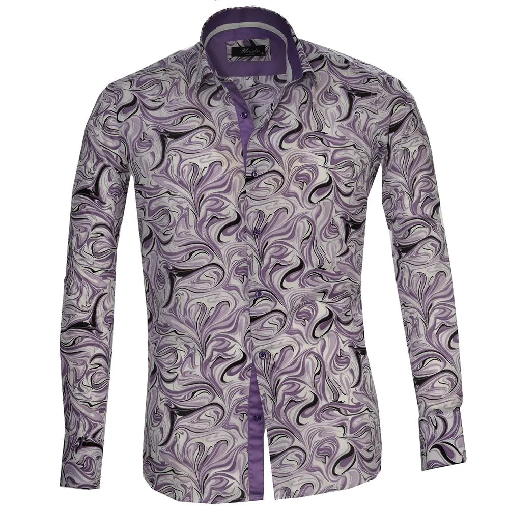 Purple White Swirls Mens Slim Fit French Cuff Shirts with Cufflink Holes - Casual and Formal