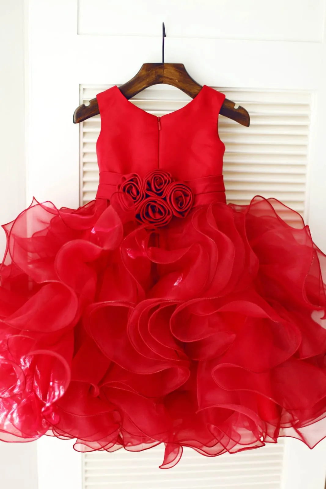 Red Satin Ruffle Organza TUTU Princess Flower Girl Dress
