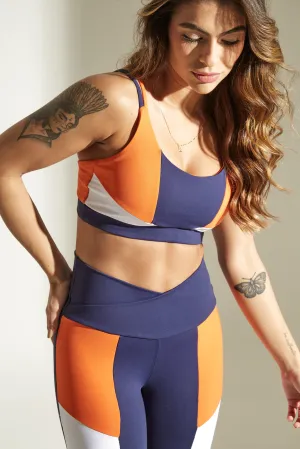 Rise Motion Crossback Sports Bra - Navy Blue Citrus Orange and White with Strappy Back Design