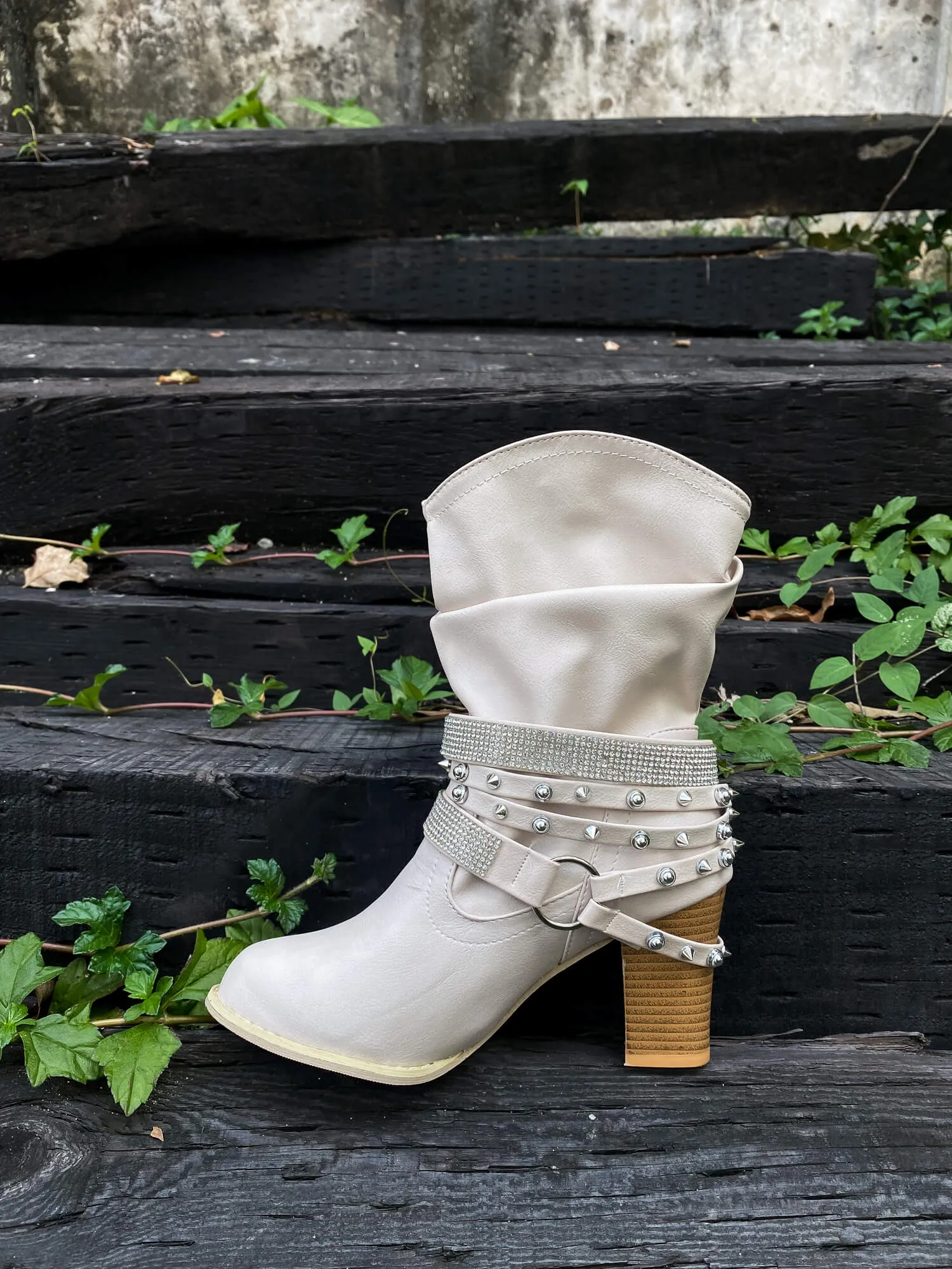 Rivet Strap-Wrapped Moto Boots - Cream