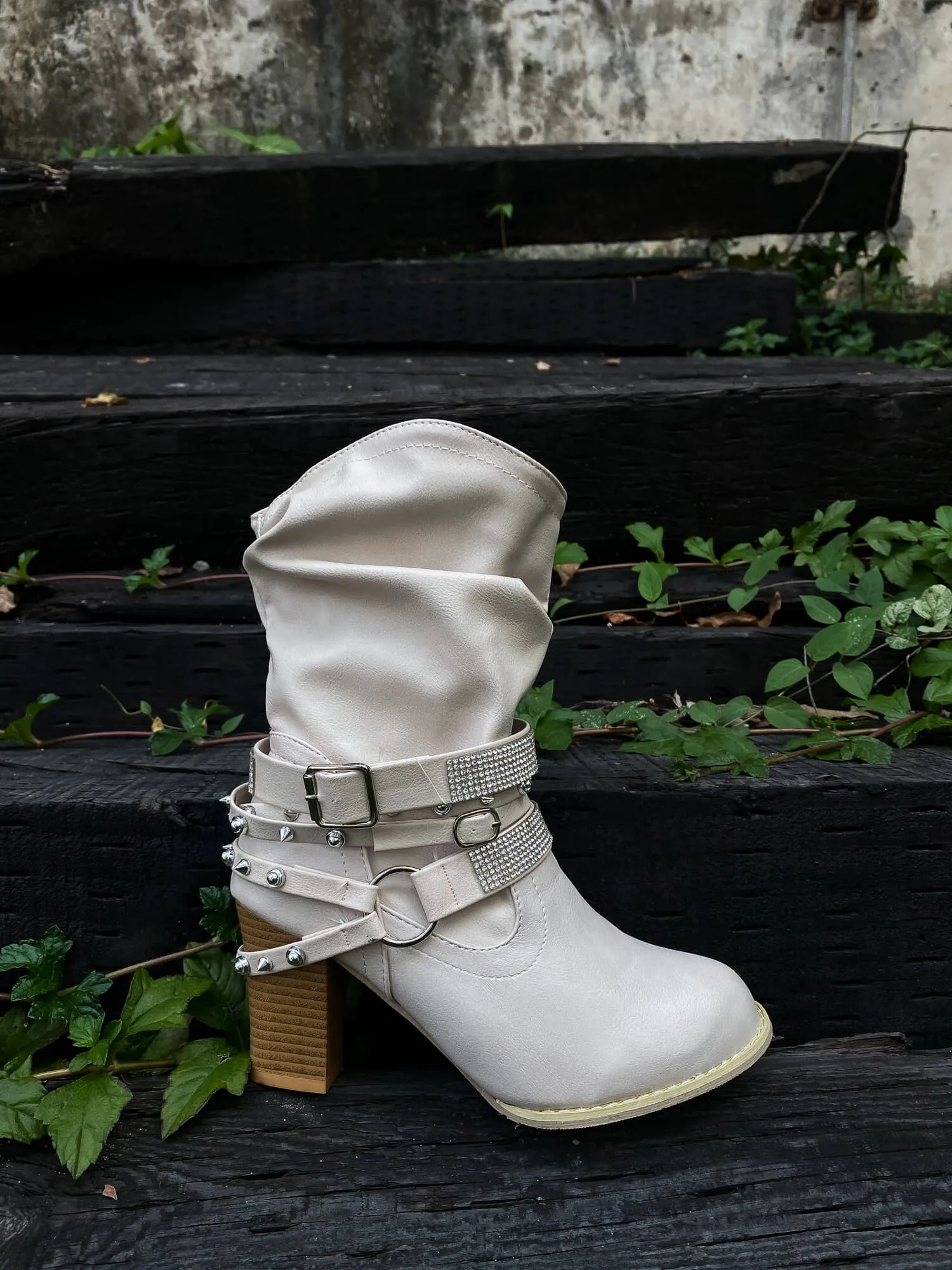 Rivet Strap-Wrapped Moto Boots - Cream