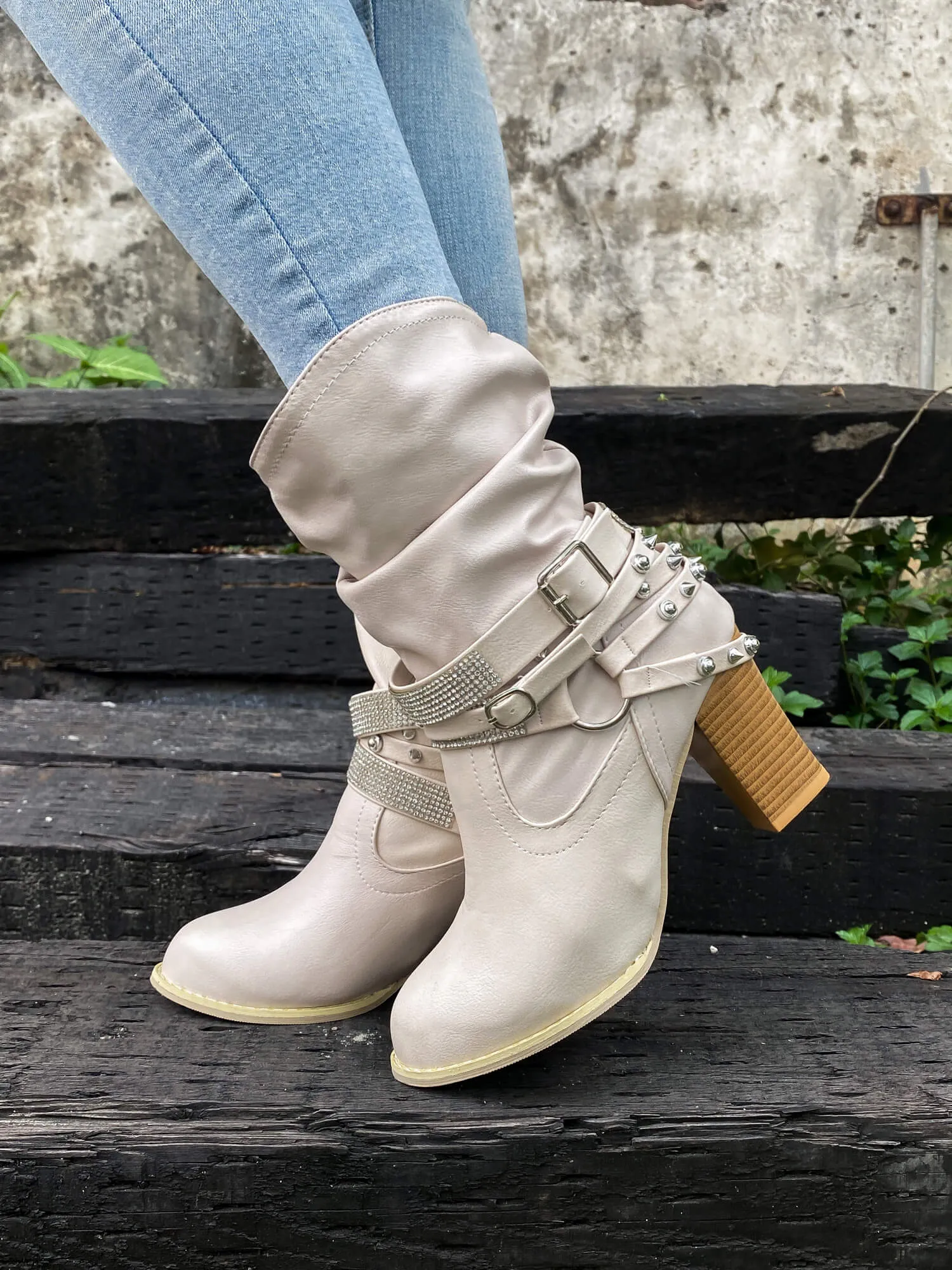 Rivet Strap-Wrapped Moto Boots - Cream