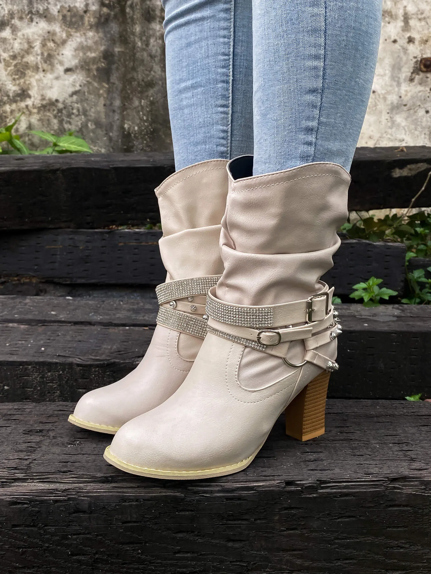 Rivet Strap-Wrapped Moto Boots - Cream
