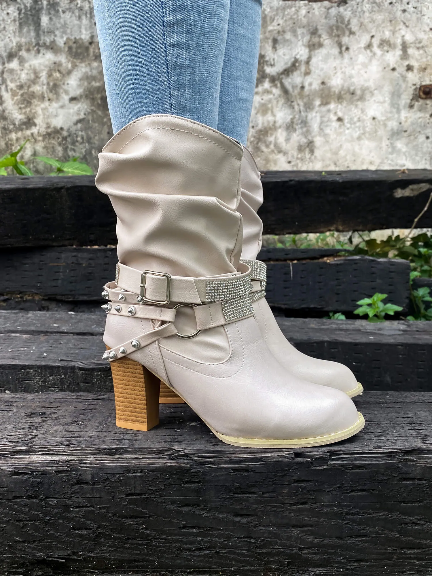 Rivet Strap-Wrapped Moto Boots - Cream