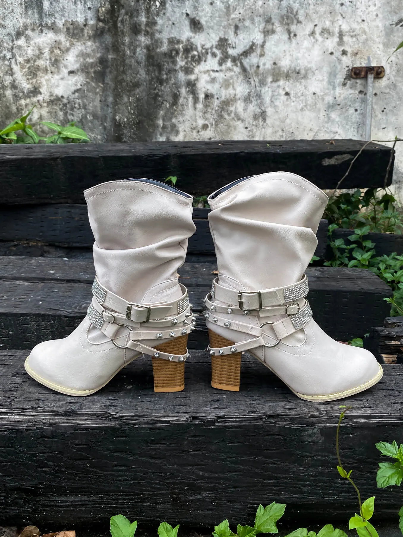 Rivet Strap-Wrapped Moto Boots - Cream