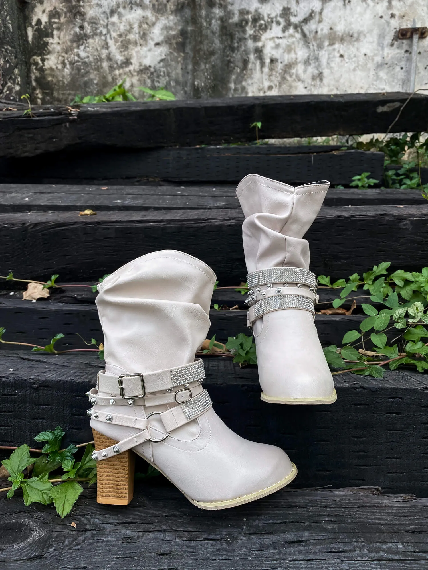 Rivet Strap-Wrapped Moto Boots - Cream