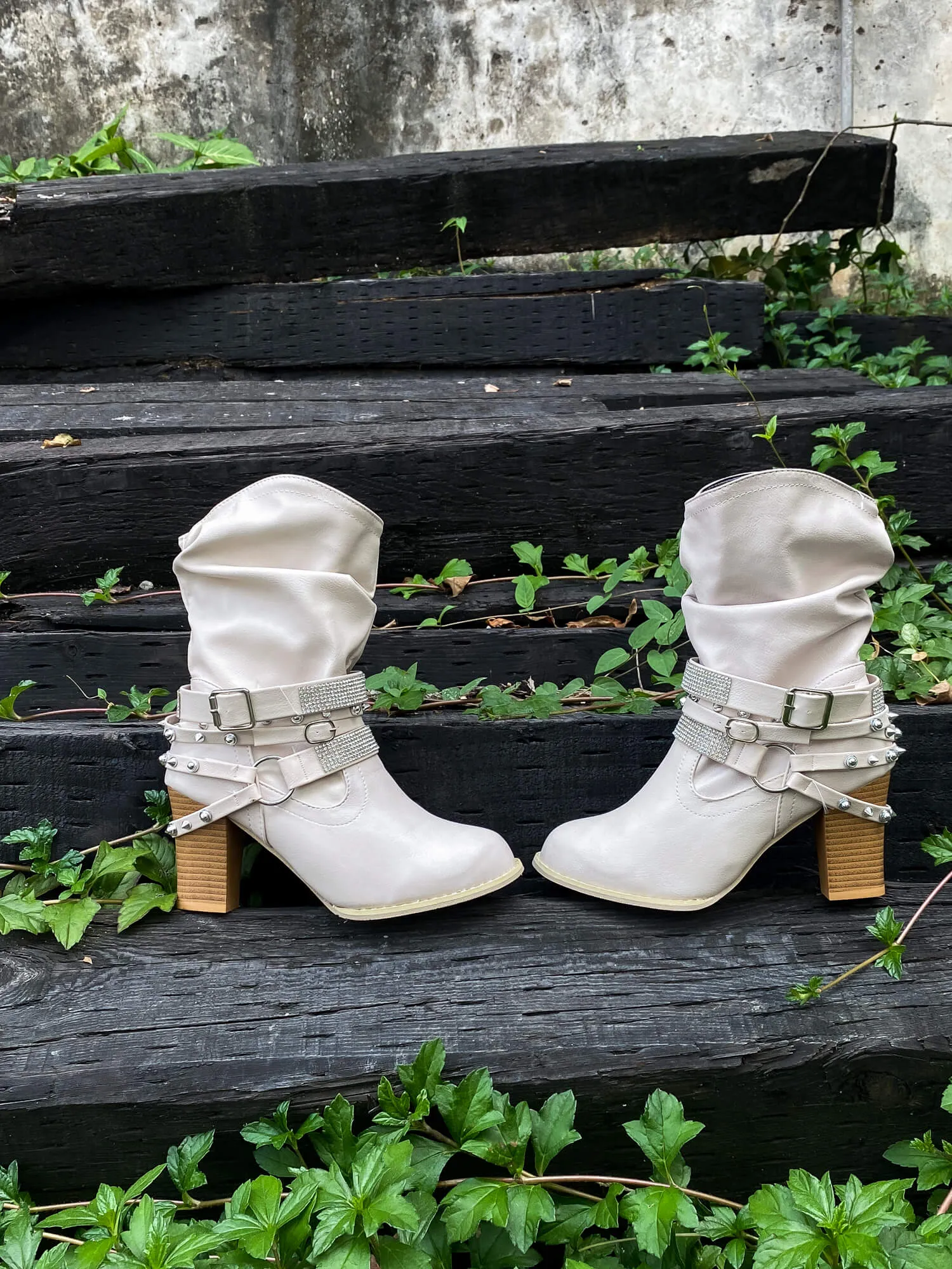 Rivet Strap-Wrapped Moto Boots - Cream
