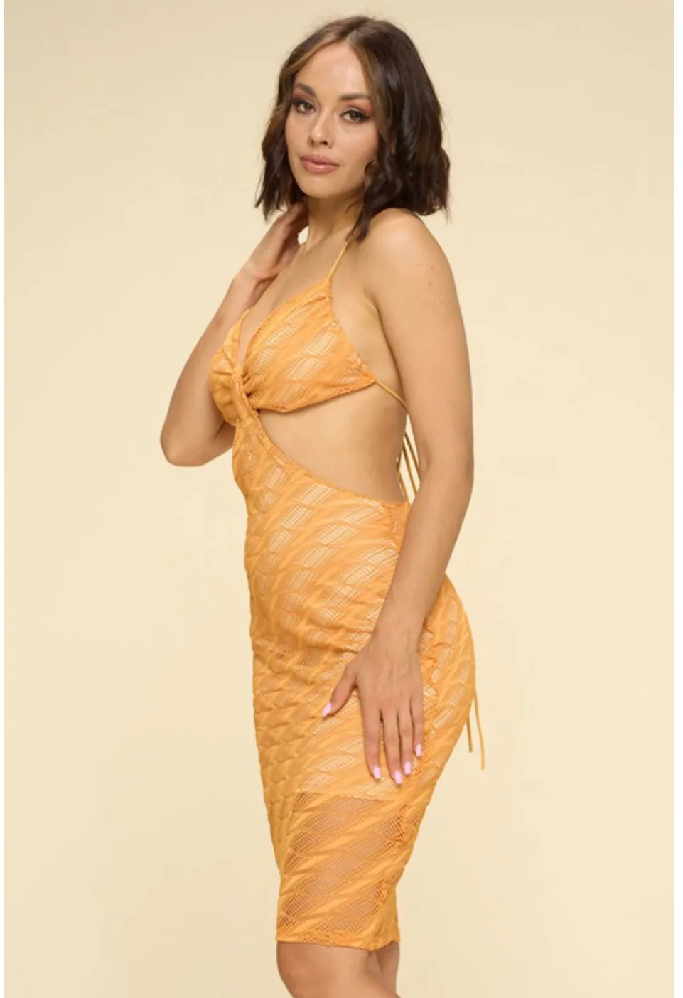RIYA CUTOUT OPEN BACK MESH MIDI DRESS